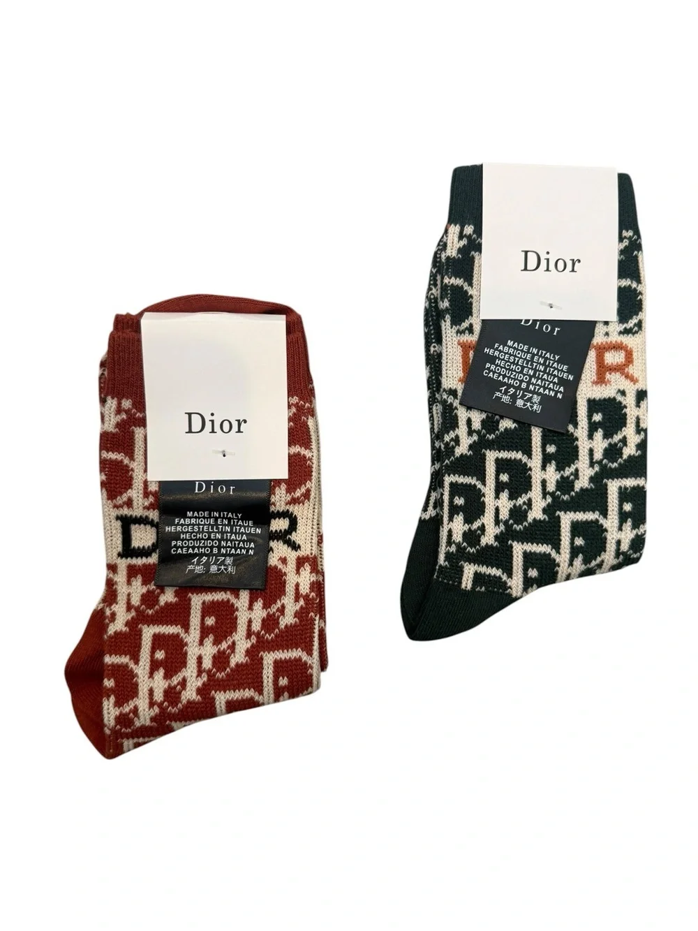 2 Pair Dior Outlet Knit Socks - Green/Cream and Rust/Cream